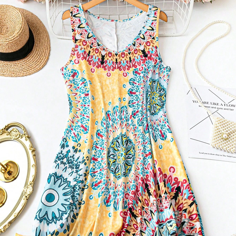 💐PROMO EXCEPTIONNELLE -50%🌺Robe Imprimée Sans Manches – Tissu Coton Léger, Tombé Fluide