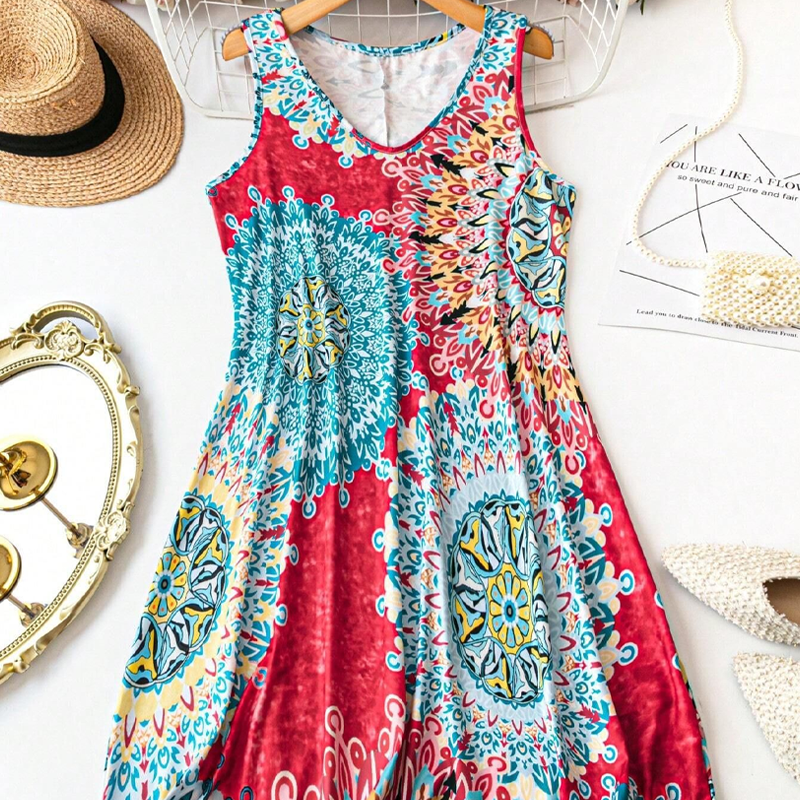 💐PROMO EXCEPTIONNELLE -50%🌺Robe Imprimée Sans Manches – Tissu Coton Léger, Tombé Fluide