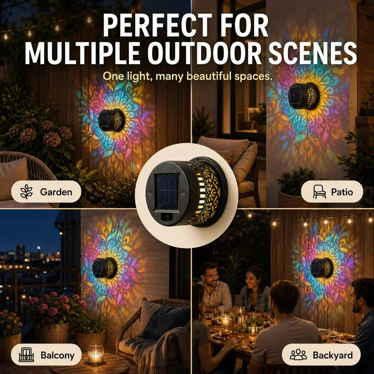🌞 50 % DE RÉDUCTION MAINTENANT ! 🌀 Lampe solaire mandala – Projection de motifs époustouflants, design 2 en 1 pour sol et mur, étanche IP65, allumage/extinction automatique 🌿
