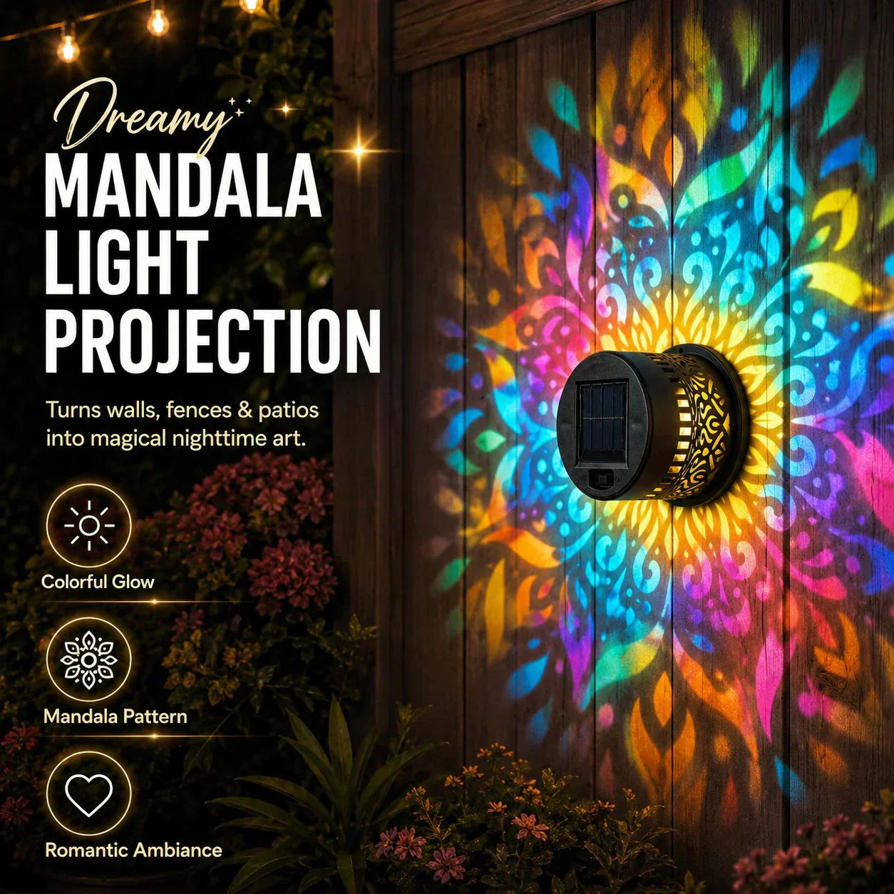 🌞 50 % DE RÉDUCTION MAINTENANT ! 🌀 Lampe solaire mandala – Projection de motifs époustouflants, design 2 en 1 pour sol et mur, étanche IP65, allumage/extinction automatique 🌿