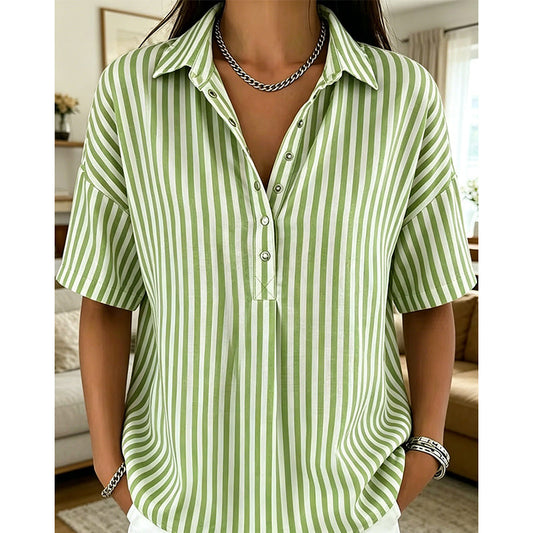 👕✨ PROMO LIMITÉE 50% DE RÉDUCTION ! Chemise Femme à Manches Courtes Rayées – Coupe Décontractée, Col en V, 9 Couleurs, Taille S-3XL, Polyvalente & Facile d'Entretien 🌸