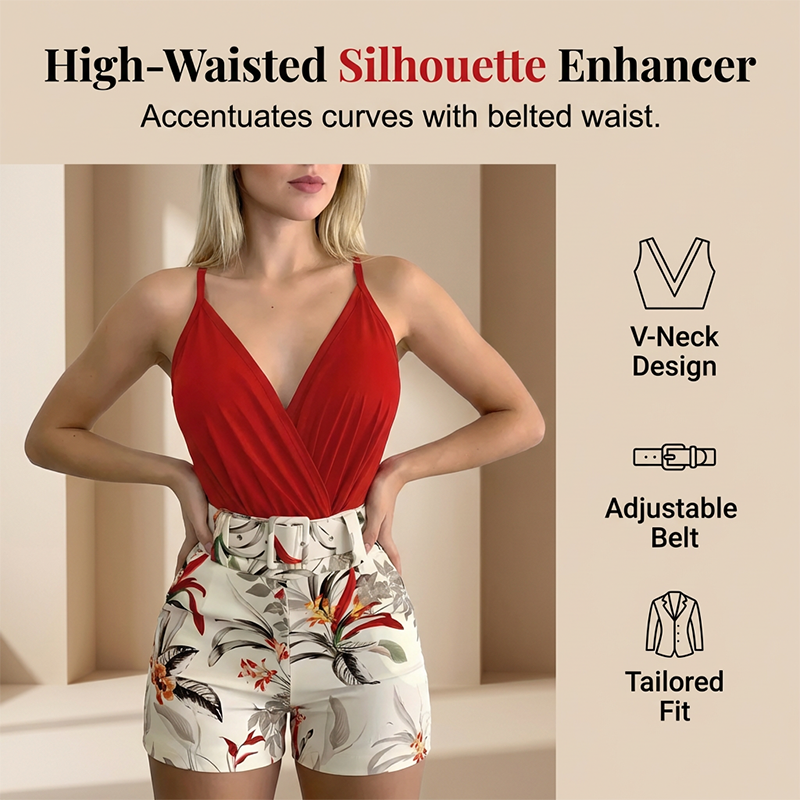 💃Set Vacances Femme – Haut Bretelles Croisées & Shorty Taille Haute, Imprimé Floral Tropical🌴