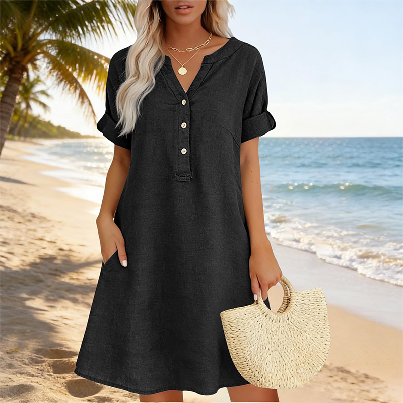 🍂OFFRE LIMITÉE 50% DE RÉDUCTION🌸Robe Tunique Indispensable à Col V avec Poches – Mélange de Coton Doux, Facile d’Entretien, Poches des Deux Côtés – Un Basique de Garde-Robe pour Printemps, Été et Superposition en Automne 🧥🧣