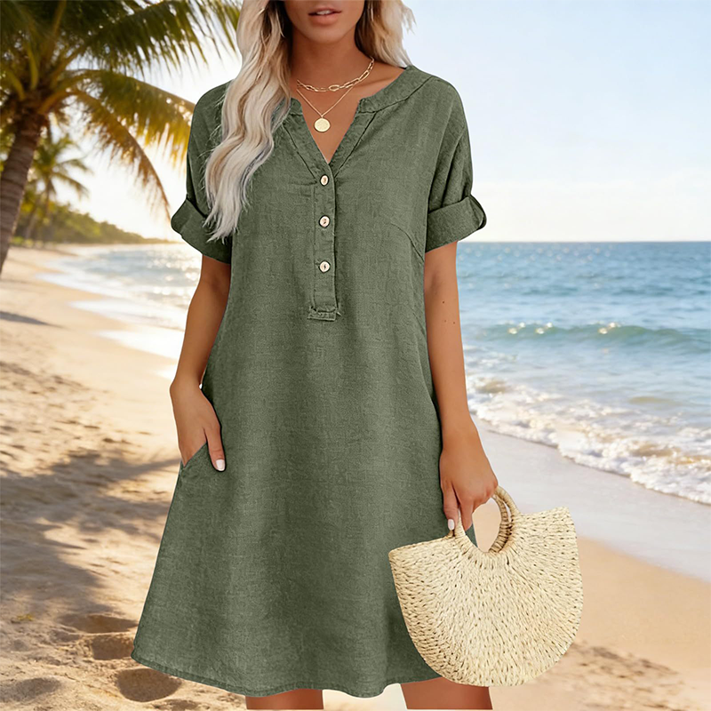 🍂OFFRE LIMITÉE 50% DE RÉDUCTION🌸Robe Tunique Indispensable à Col V avec Poches – Mélange de Coton Doux, Facile d’Entretien, Poches des Deux Côtés – Un Basique de Garde-Robe pour Printemps, Été et Superposition en Automne 🧥🧣