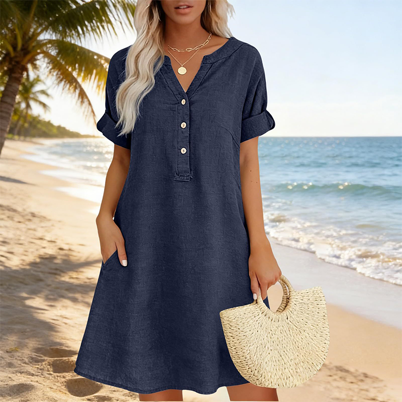 🍂OFFRE LIMITÉE 50% DE RÉDUCTION🌸Robe Tunique Indispensable à Col V avec Poches – Mélange de Coton Doux, Facile d’Entretien, Poches des Deux Côtés – Un Basique de Garde-Robe pour Printemps, Été et Superposition en Automne 🧥🧣