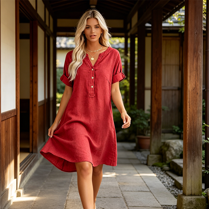 🍂OFFRE LIMITÉE 50% DE RÉDUCTION🌸Robe Tunique Indispensable à Col V avec Poches – Mélange de Coton Doux, Facile d’Entretien, Poches des Deux Côtés – Un Basique de Garde-Robe pour Printemps, Été et Superposition en Automne 🧥🧣