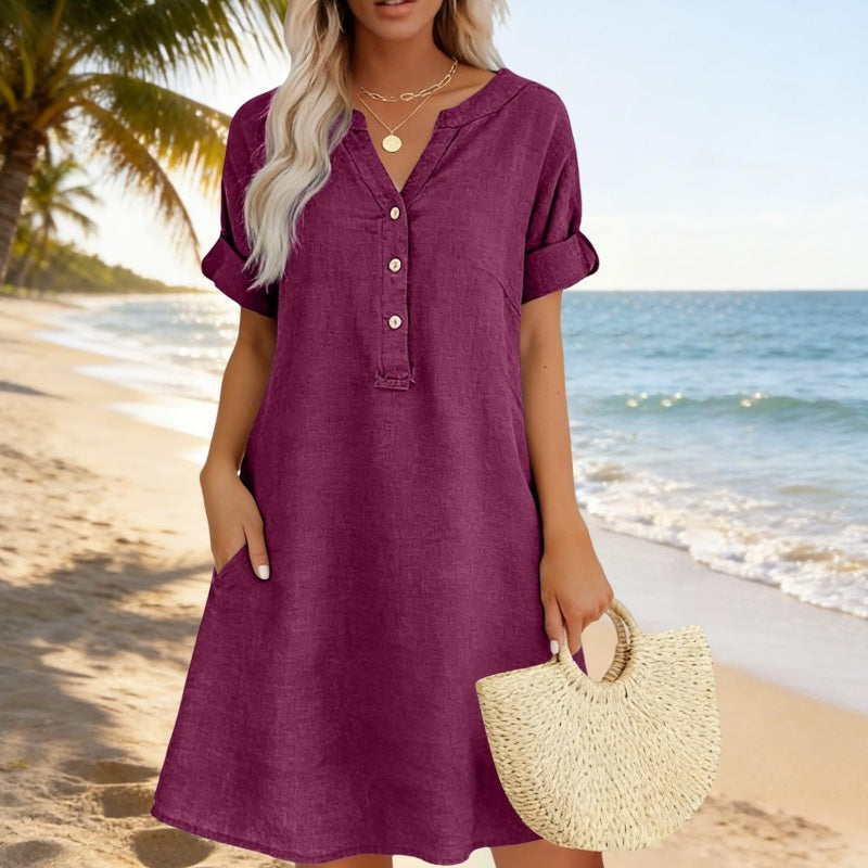 🍂OFFRE LIMITÉE 50% DE RÉDUCTION🌸Robe Tunique Indispensable à Col V avec Poches – Mélange de Coton Doux, Facile d’Entretien, Poches des Deux Côtés – Un Basique de Garde-Robe pour Printemps, Été et Superposition en Automne 🧥🧣
