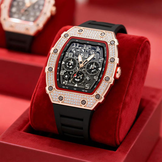⌚💎 PROMO FLASH 50% ! Montre Homme de Luxe Forme Tonneau avec Strass – Édition Limitée, Cadran Cristal, Design Unique & Élégant ✨