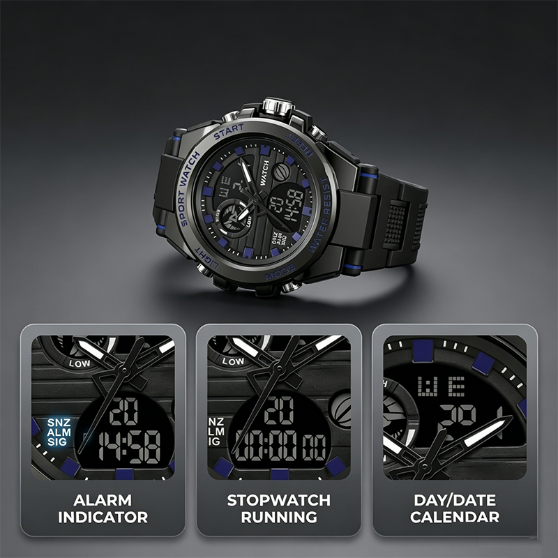 🔥PROMO FLASH 50%⌚Montre Sport Homme Étanche 3ATM – Double Affichage (Analogique+Numérique), Rétroéclairage, Chronographe, Boîtier ABS Antichoc, Bracelet Résine🌊