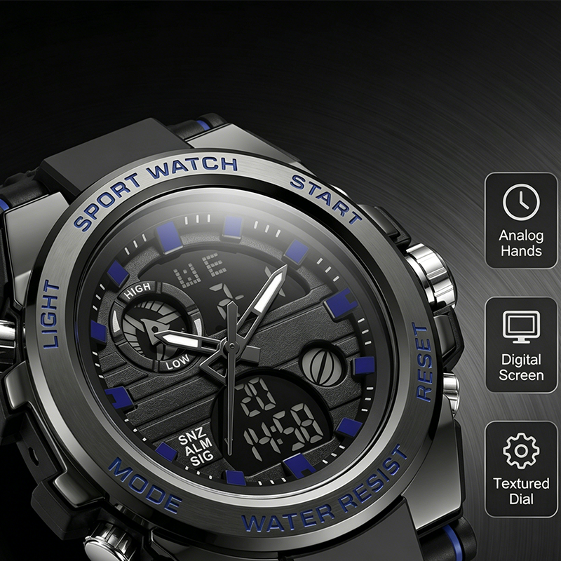 🔥PROMO FLASH 50%⌚Montre Sport Homme Étanche 3ATM – Double Affichage (Analogique+Numérique), Rétroéclairage, Chronographe, Boîtier ABS Antichoc, Bracelet Résine🌊