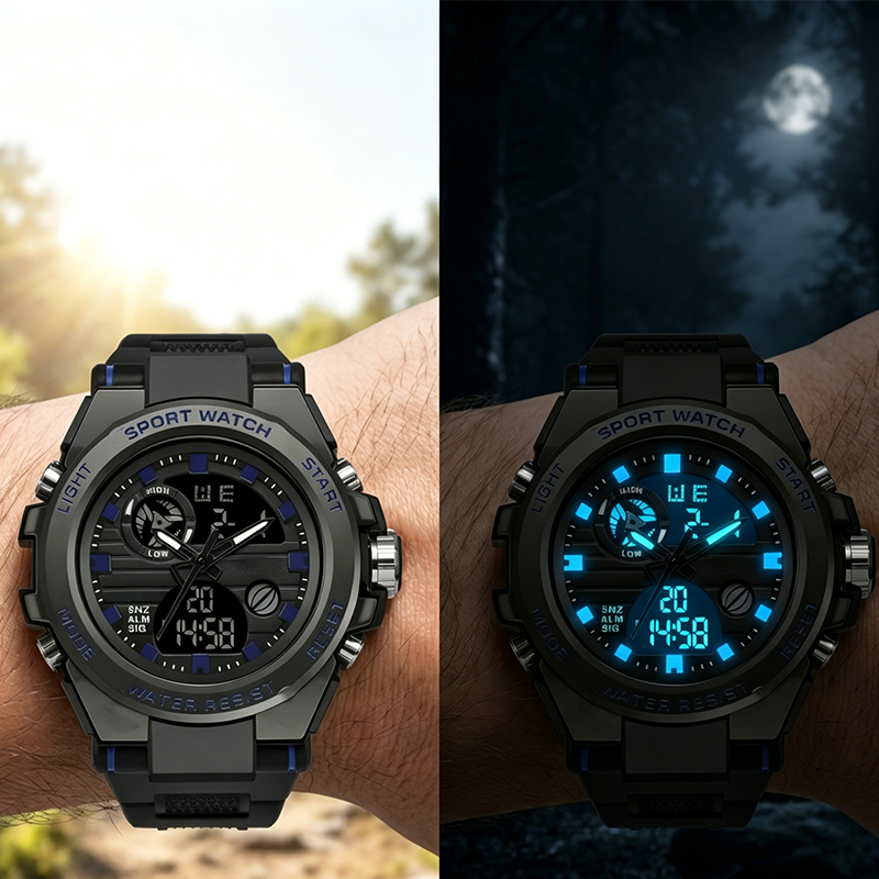 🔥PROMO FLASH 50%⌚Montre Sport Homme Étanche 3ATM – Double Affichage (Analogique+Numérique), Rétroéclairage, Chronographe, Boîtier ABS Antichoc, Bracelet Résine🌊