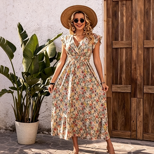 Robe Fleurie Femme à Col V et Taille Smockée