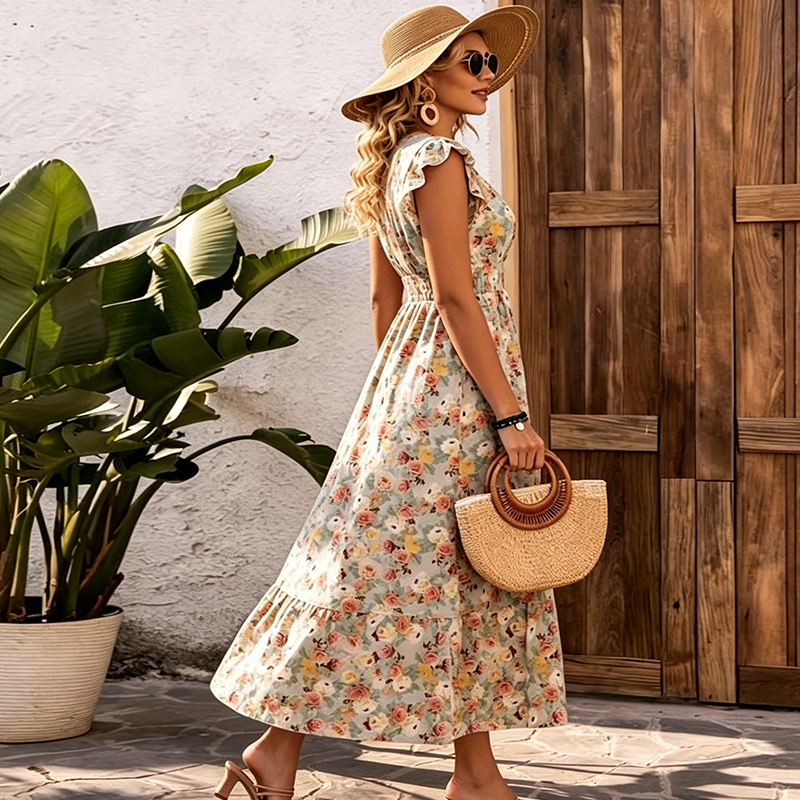 Robe Fleurie Femme à Col V et Taille Smockée