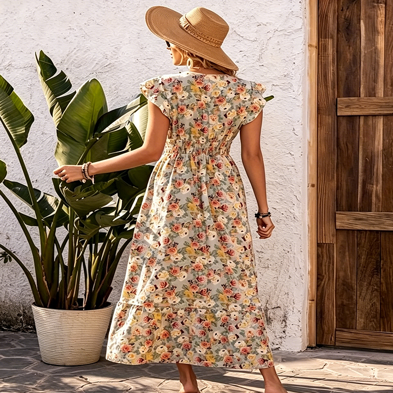 Robe Fleurie Femme à Col V et Taille Smockée