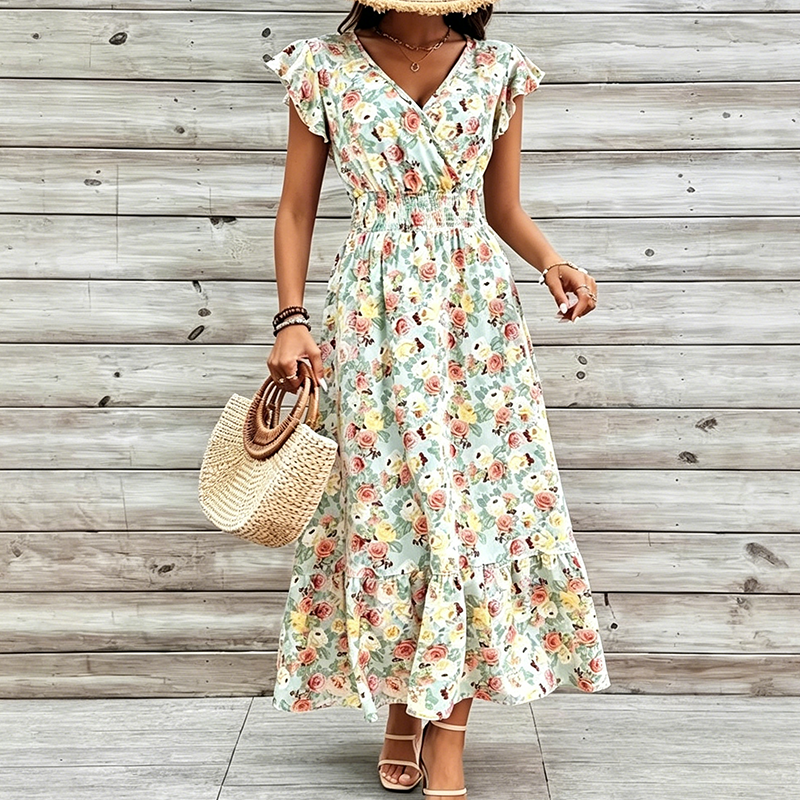Robe Fleurie Femme à Col V et Taille Smockée