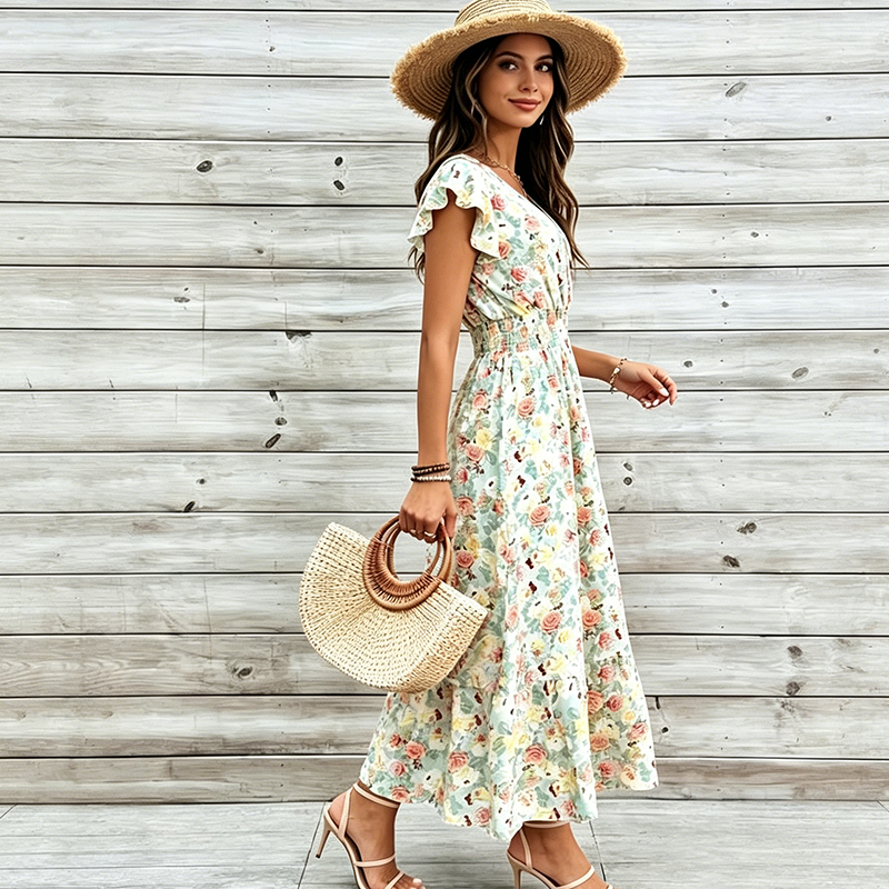 Robe Fleurie Femme à Col V et Taille Smockée