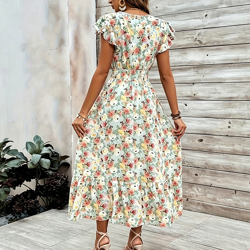 Robe Fleurie Femme à Col V et Taille Smockée