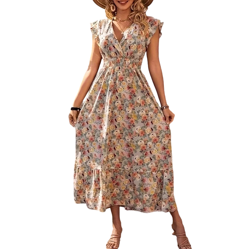 Robe Fleurie Femme à Col V et Taille Smockée