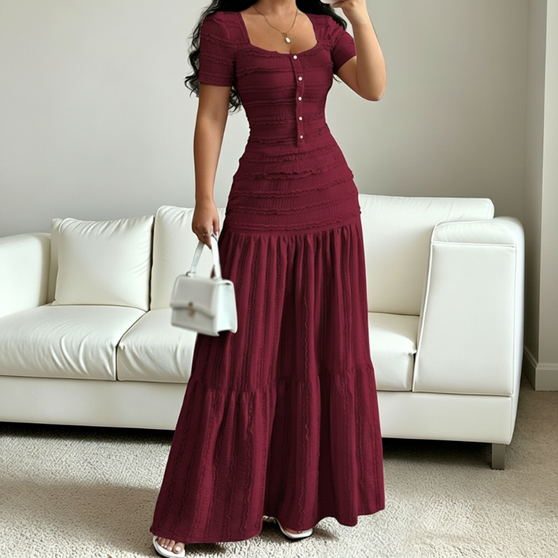 👗🍷 PROMO LIMITÉE 50% ! Ensemble Robe Femme 2 Pièces – Encolure Carrée, Tissu Froissé, Jupe Longue à Volants, Style Élégant & Bohème, 4 Couleurs 🍂