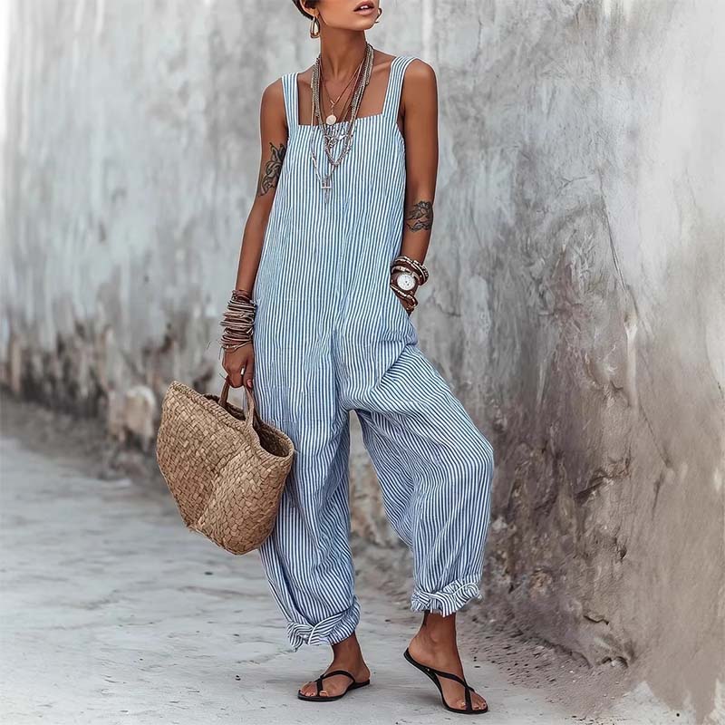 👗🌊 PROMO FLASH 50% ! Combinaison Rayée à Bretelles Fines pour Femme – Tissu Coton Léger, Coupe Détendue, 3 Couleurs, Parfaite pour Plage & Vacances ☀️