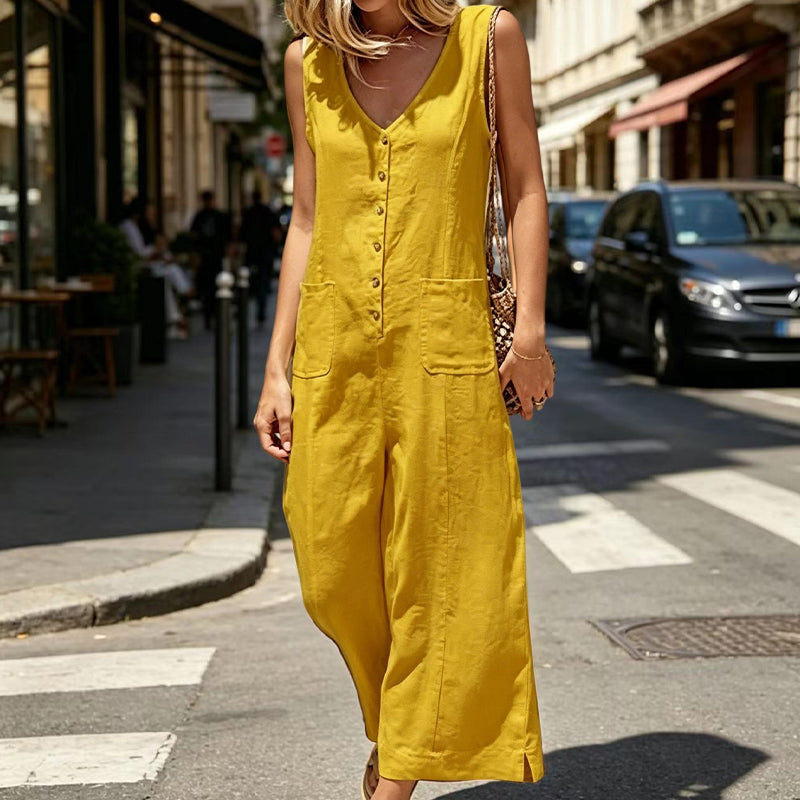 ❤️Combinaison sans manches à col en V et boutons sur le devant pour femme