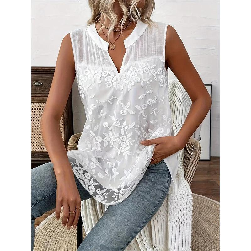 👗PROMO FLASH 50%🌸Chemisier Femme sans Manches en Dentelle Florale – Col en V, Tissu Léger Respirant, Style Romantique & Élégant, Parfait pour Toutes Occasions✨