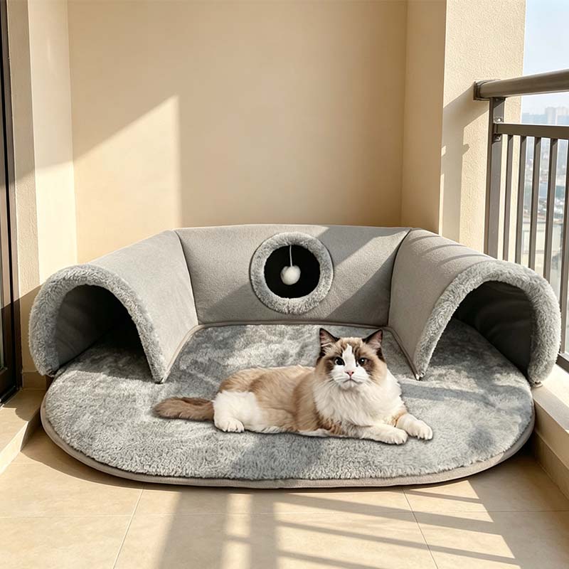 🐱PROMOTION LIMITÉE -50%✨Lit tunnel pour chat 2-en-1 – Peluche, pliable, compact🎾