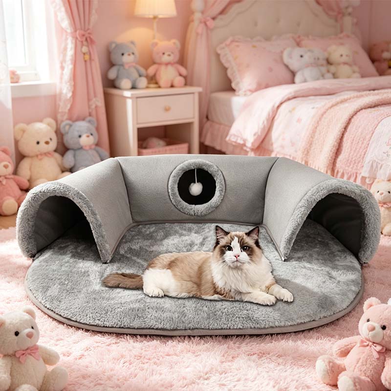 🐱PROMOTION LIMITÉE -50%✨Lit tunnel pour chat 2-en-1 – Peluche, pliable, compact🎾