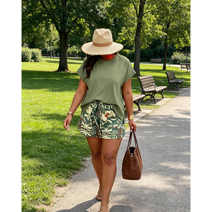 Ensemble Deux Pièces Grande Taille pour Femme - Top Chauve-Souris & Short Imprimé