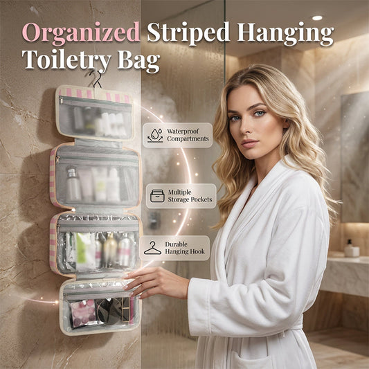 🧳 PROMO LIMITÉE 50% DE RÉDUCTION ! ✨ Trousse de Toilette Suspendue à Rayures – 4 Compartiments, Imperméable, Pliable 🚿