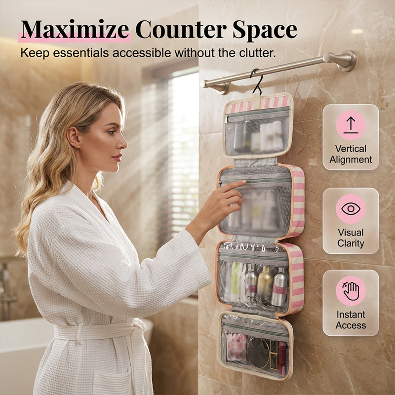 🧳 PROMO LIMITÉE 50% DE RÉDUCTION ! ✨ Trousse de Toilette Suspendue à Rayures – 4 Compartiments, Imperméable, Pliable 🚿