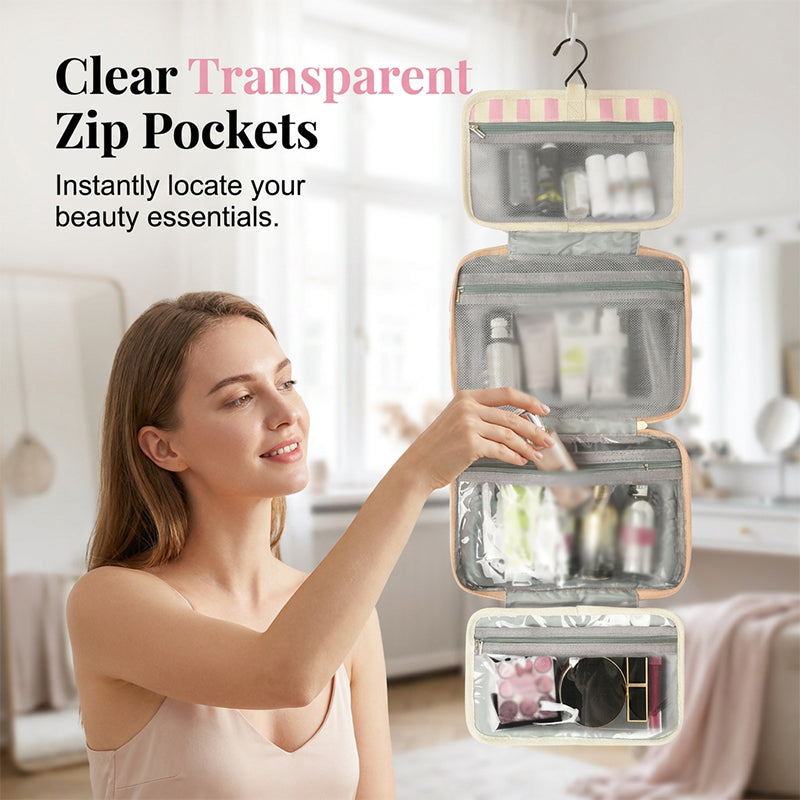 🧳 PROMO LIMITÉE 50% DE RÉDUCTION ! ✨ Trousse de Toilette Suspendue à Rayures – 4 Compartiments, Imperméable, Pliable 🚿