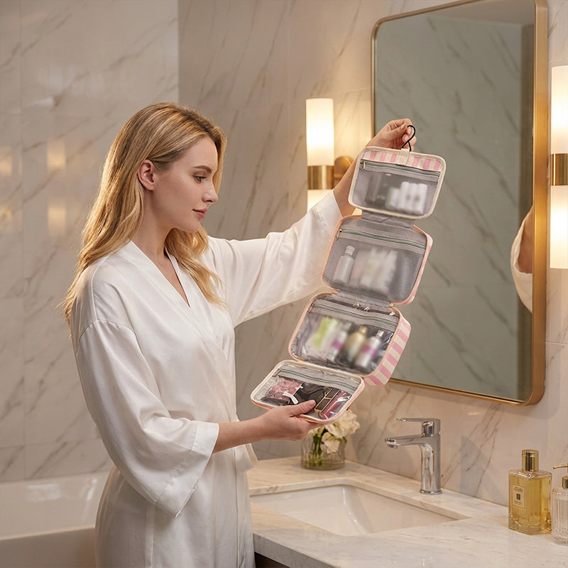 🧳 PROMO LIMITÉE 50% DE RÉDUCTION ! ✨ Trousse de Toilette Suspendue à Rayures – 4 Compartiments, Imperméable, Pliable 🚿