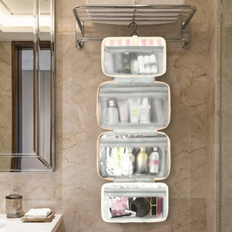 🧳 PROMO LIMITÉE 50% DE RÉDUCTION ! ✨ Trousse de Toilette Suspendue à Rayures – 4 Compartiments, Imperméable, Pliable 🚿