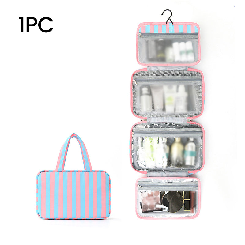 🧳 PROMO LIMITÉE 50% DE RÉDUCTION ! ✨ Trousse de Toilette Suspendue à Rayures – 4 Compartiments, Imperméable, Pliable 🚿