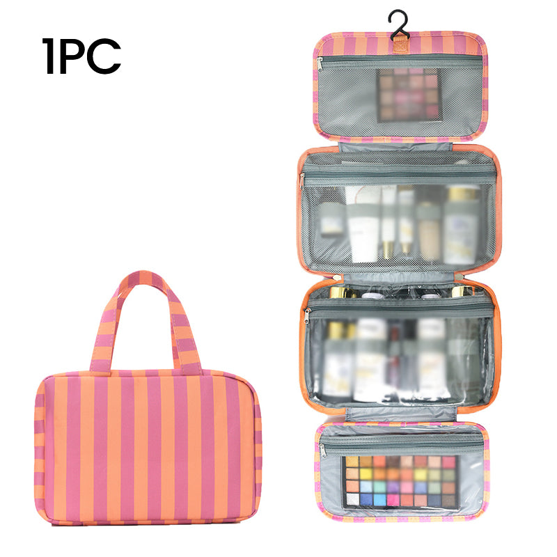 🧳 PROMO LIMITÉE 50% DE RÉDUCTION ! ✨ Trousse de Toilette Suspendue à Rayures – 4 Compartiments, Imperméable, Pliable 🚿