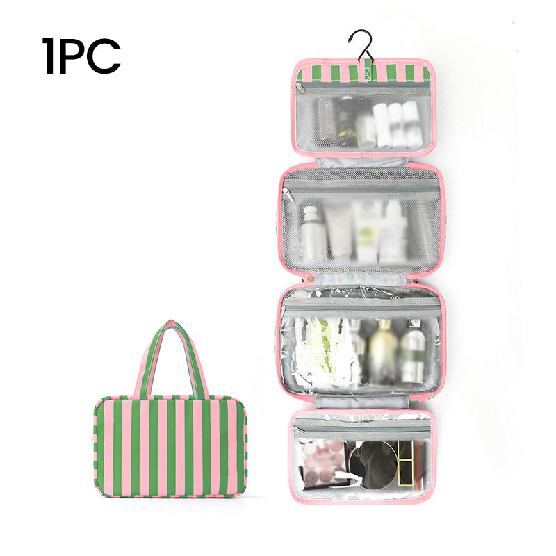 🧳 PROMO LIMITÉE 50% DE RÉDUCTION ! ✨ Trousse de Toilette Suspendue à Rayures – 4 Compartiments, Imperméable, Pliable 🚿