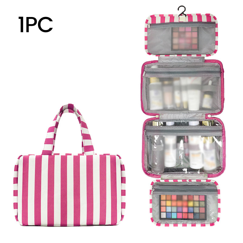 🧳 PROMO LIMITÉE 50% DE RÉDUCTION ! ✨ Trousse de Toilette Suspendue à Rayures – 4 Compartiments, Imperméable, Pliable 🚿