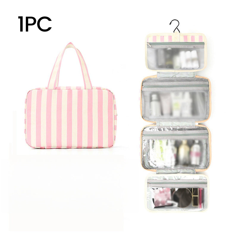 🧳 PROMO LIMITÉE 50% DE RÉDUCTION ! ✨ Trousse de Toilette Suspendue à Rayures – 4 Compartiments, Imperméable, Pliable 🚿