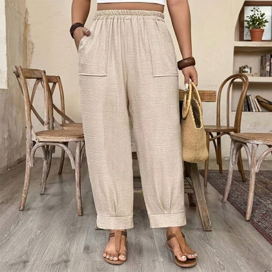 👖 PROMO LIMITÉE 50% DE RÉDUCTION ! ✨ Pantalon Femme Casual à Chevilles Retroussées – Ceinture Élastique, Coupe Ample, Poches Plaquées 🌿