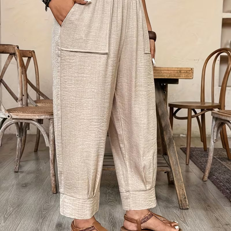 👖 PROMO LIMITÉE 50% DE RÉDUCTION ! ✨ Pantalon Femme Casual à Chevilles Retroussées – Ceinture Élastique, Coupe Ample, Poches Plaquées 🌿