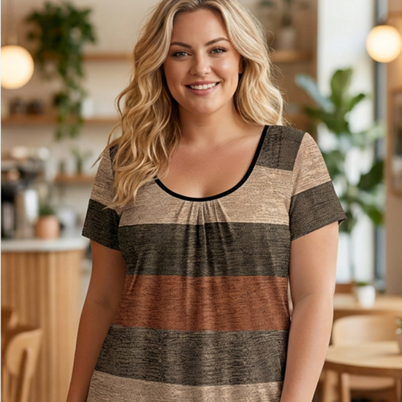 T-shirt Grande Taille Plissé à Blocs de Couleurs pour Femme