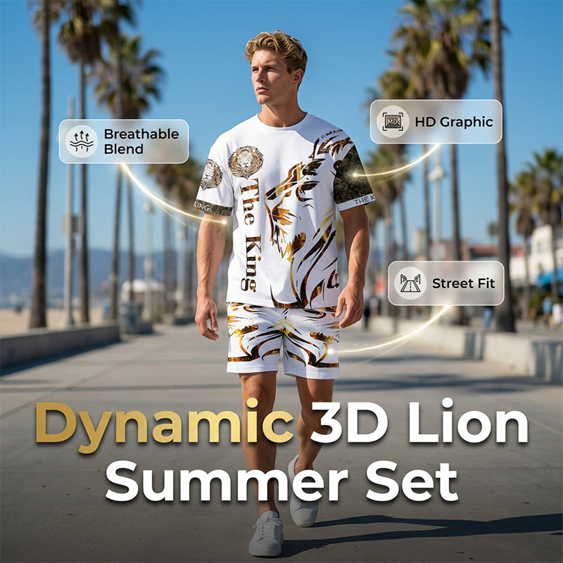 🦁 PROMO FLASH 50%🔥Ensemble Graphique Lion Homme – T-shirt + Short, Respirant, Streetwear Urbain, Tailles S-4XL, Idéal Été😎