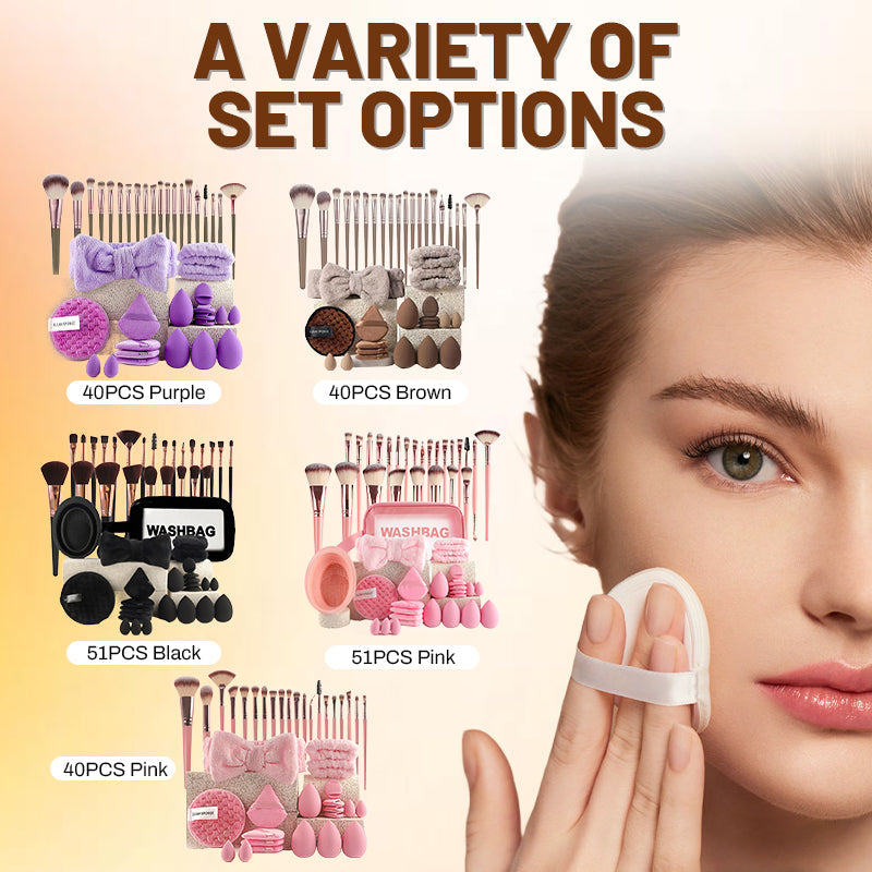 💄PROMO LIMITÉE 50%✨Ensemble Pinceaux & Éponges de Maquillage (40 ou 51 Pièces) – Tout-en-Un, Doux, Économiseur de Produit, 5 Kits Couleurs au Choix 🎨