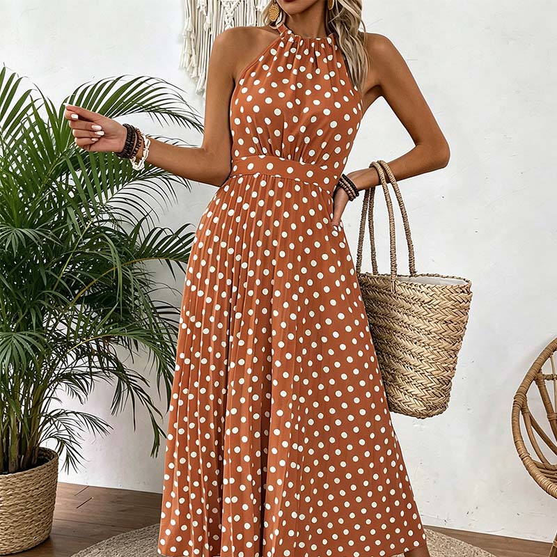 ⏰Robe Femme Pois & Dos Nu – Coupe Haute Taille, Jupe Plissée, Sans Manches, 3 Couleurs, 4 Tailles, Style Rétro & Élégant ✨