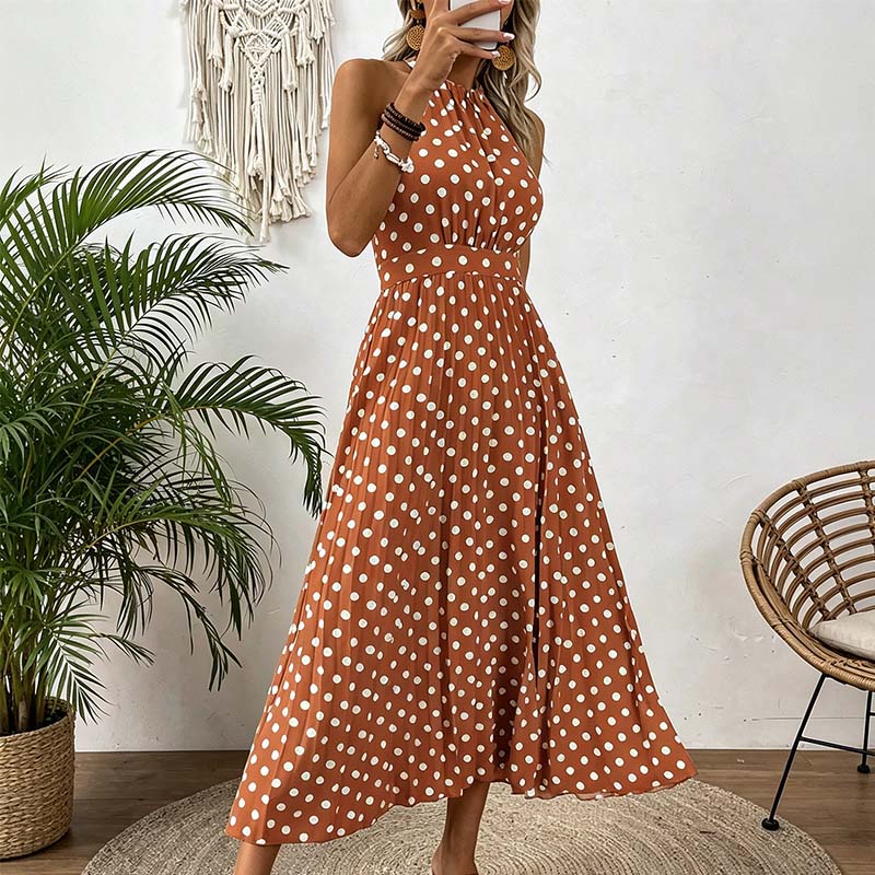 ⏰Robe Femme Pois & Dos Nu – Coupe Haute Taille, Jupe Plissée, Sans Manches, 3 Couleurs, 4 Tailles, Style Rétro & Élégant ✨