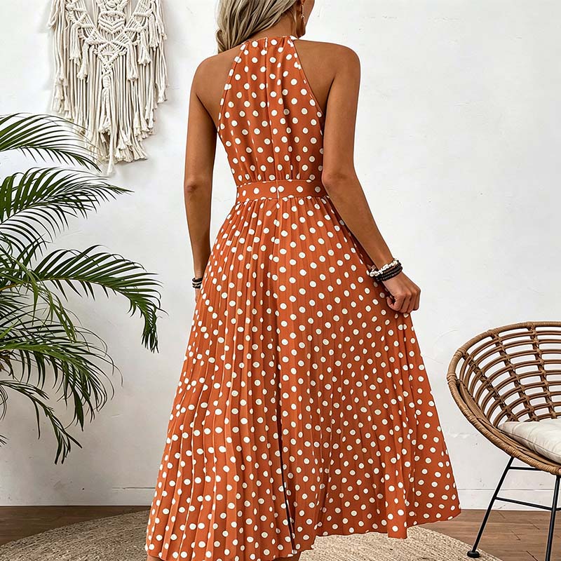 ⏰Robe Femme Pois & Dos Nu – Coupe Haute Taille, Jupe Plissée, Sans Manches, 3 Couleurs, 4 Tailles, Style Rétro & Élégant ✨