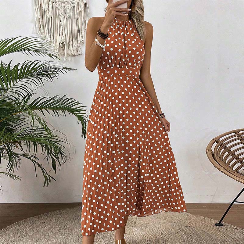 ⏰Robe Femme Pois & Dos Nu – Coupe Haute Taille, Jupe Plissée, Sans Manches, 3 Couleurs, 4 Tailles, Style Rétro & Élégant ✨