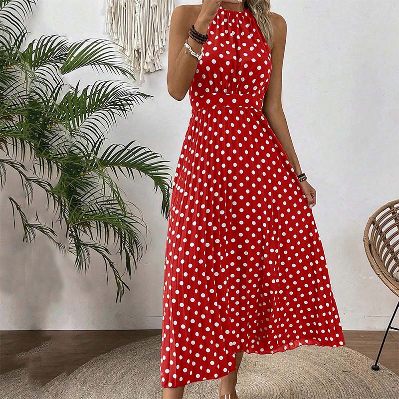 ⏰Robe Femme Pois & Dos Nu – Coupe Haute Taille, Jupe Plissée, Sans Manches, 3 Couleurs, 4 Tailles, Style Rétro & Élégant ✨
