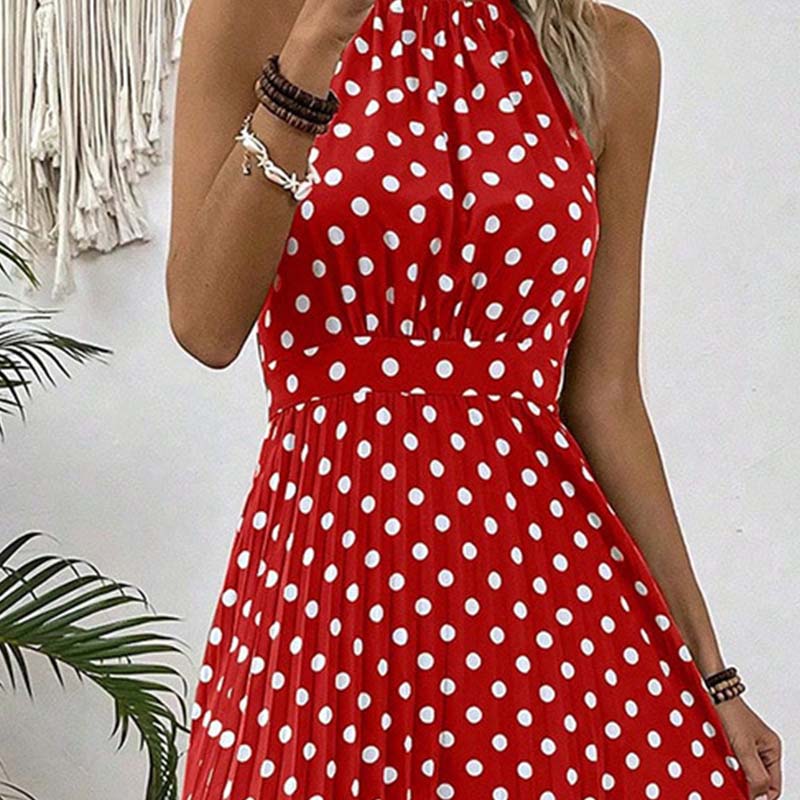 ⏰Robe Femme Pois & Dos Nu – Coupe Haute Taille, Jupe Plissée, Sans Manches, 3 Couleurs, 4 Tailles, Style Rétro & Élégant ✨